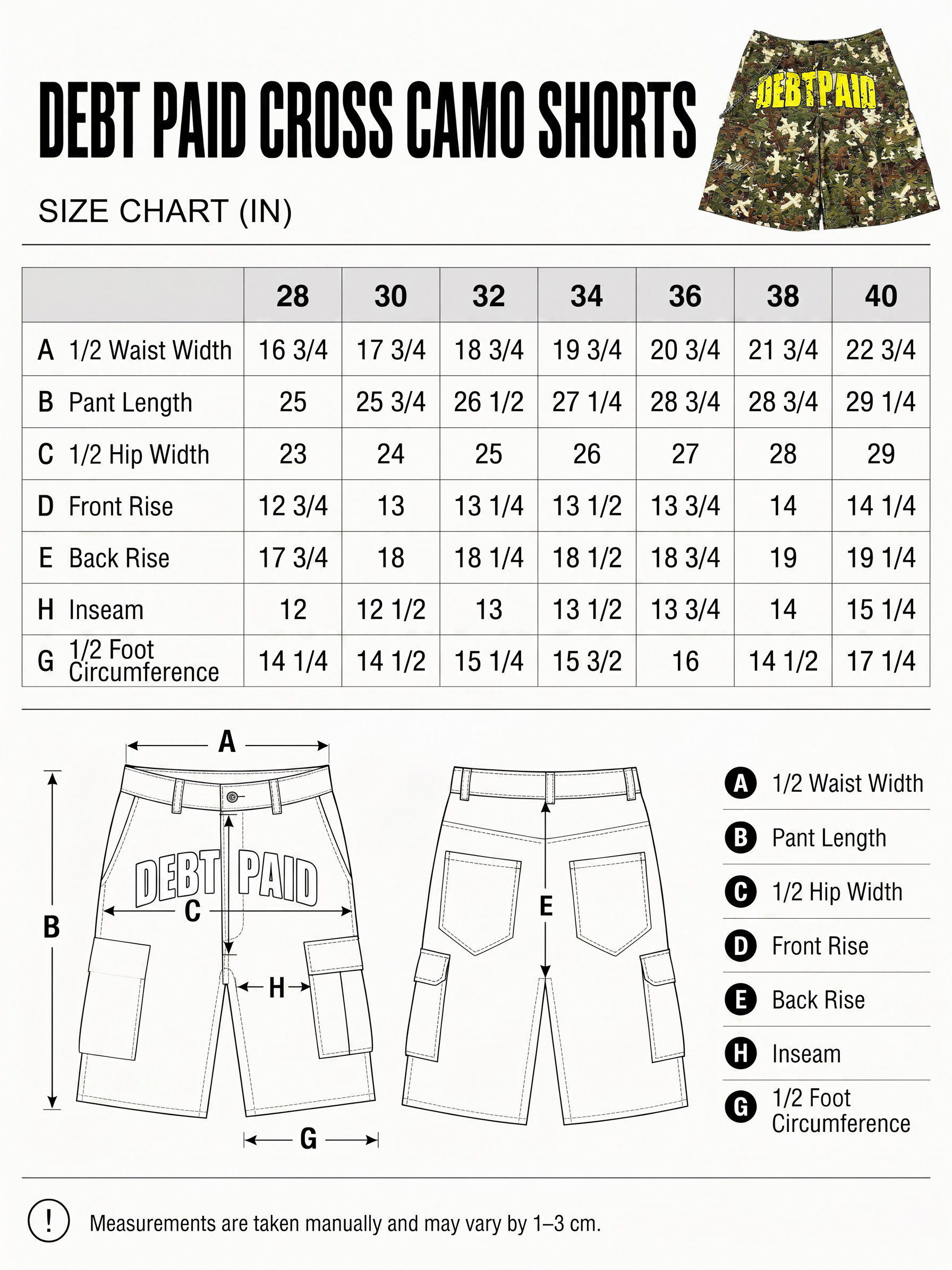 DEBT PAID CROSS CAMO CARGO SHORTS